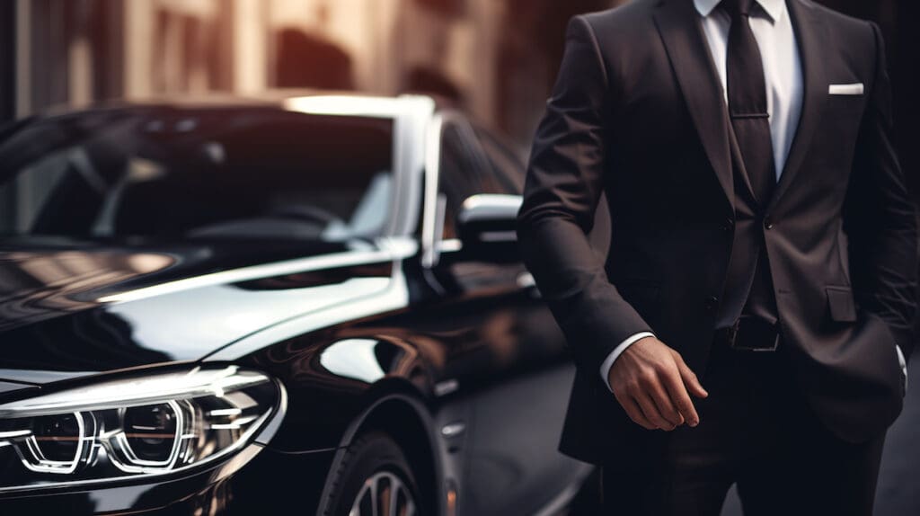 Professional driver near luxury car, close up. Chauffeur service. ai generative